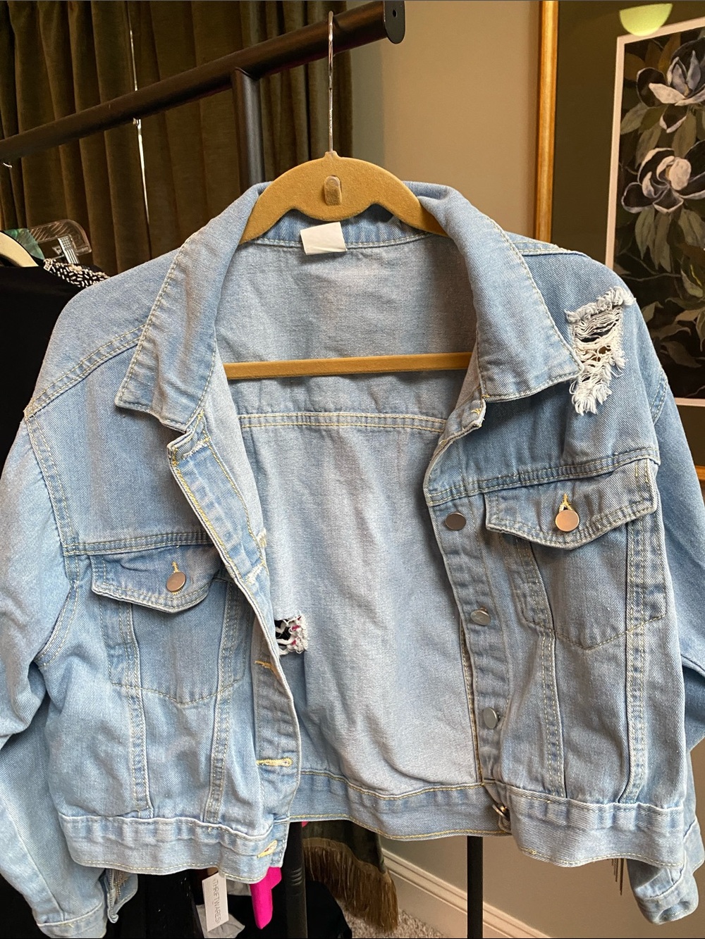 Light Wash Tasseled Distressed Denim Jacket - Light Blue